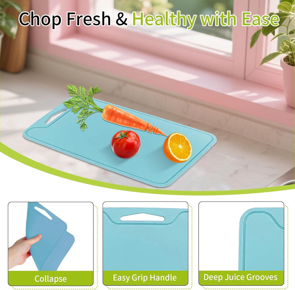 Flexible Plastic Cutting Boards for Kitchen, 11.8''x 8.6'' Silicone Cutting Board, BPA Free Non Slip Kitchen Cutting Mat for Meat, Vegetables and Fruit with Easy Grip Handle, Dishwasher Safe (Yellow)