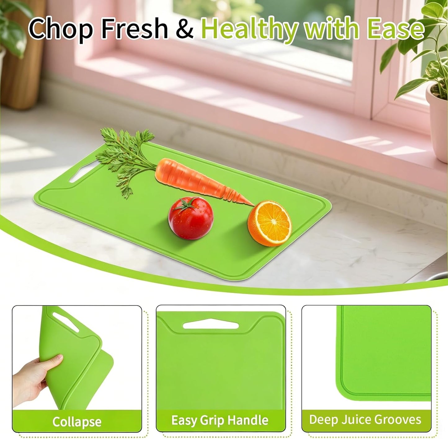 Flexible Plastic Cutting Boards for Kitchen, 11.8''x 8.6'' Silicone Cutting Board, BPA Free Non Slip Kitchen Cutting Mat for Meat, Vegetables and Fruit with Easy Grip Handle, Dishwasher Safe (Yellow)