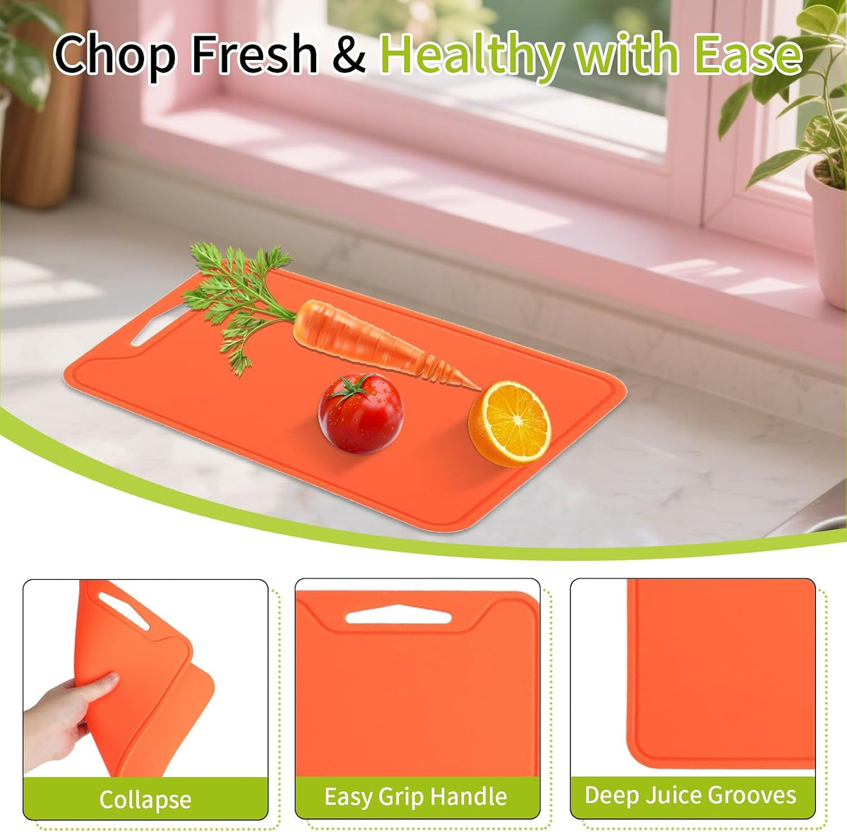 Flexible Plastic Cutting Boards for Kitchen, 11.8''x 8.6'' Silicone Cutting Board, BPA Free Non Slip Kitchen Cutting Mat for Meat, Vegetables and Fruit with Easy Grip Handle, Dishwasher Safe (Yellow)