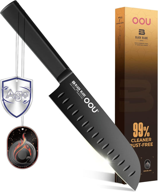 ® Black Blade 7 Inch Santoku Knife with AgShield™ & Cerablack™ Technology, Rust-Resistant & Easy-Clean Finish, Japanese Style Hollow Edge for Dicing & Mincing