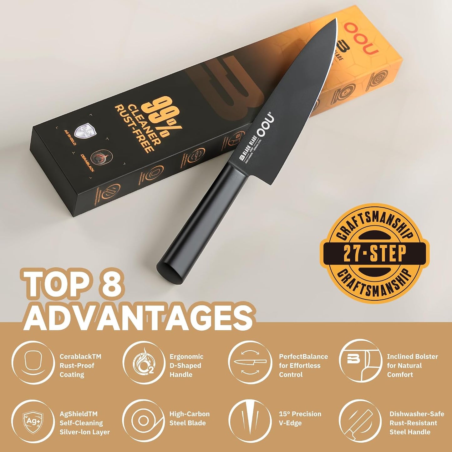 ® Black Blade 7 Inch Santoku Knife with AgShield™ & Cerablack™ Technology, Rust-Resistant & Easy-Clean Finish, Japanese Style Hollow Edge for Dicing & Mincing