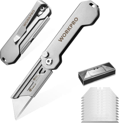 2PCS EDC Folding Utility Knife, Mini Box Cutter with Quick Open Axis Lock, Quick Change Blade Razor Knife, Foldable Small Pocket Knife with Belt Clip, 2 Packs with 10 Extra Blades