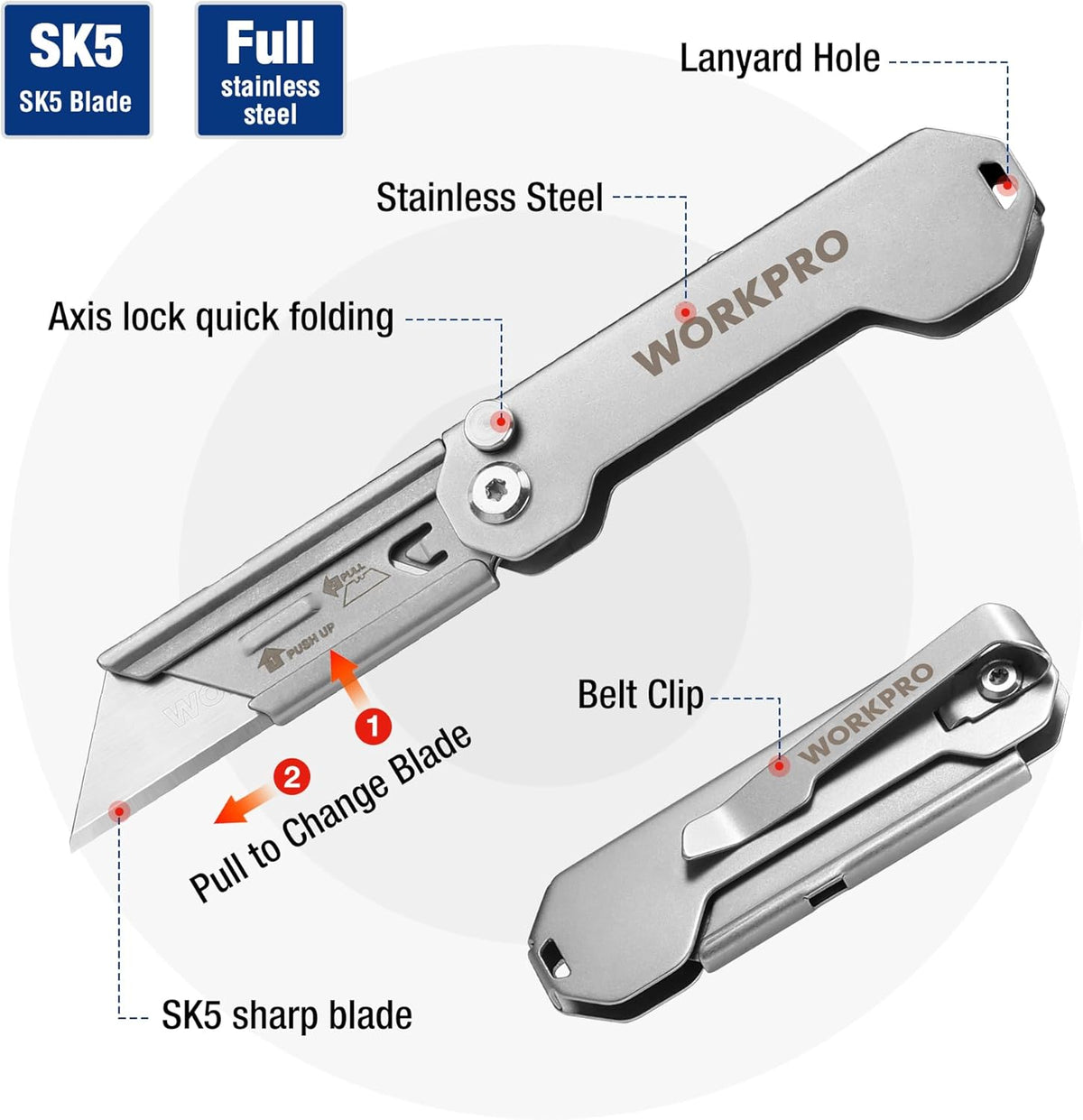 2PCS EDC Folding Utility Knife, Mini Box Cutter with Quick Open Axis Lock, Quick Change Blade Razor Knife, Foldable Small Pocket Knife with Belt Clip, 2 Packs with 10 Extra Blades