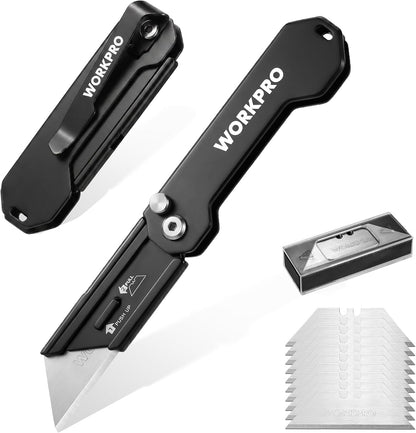 2PCS EDC Folding Utility Knife, Mini Box Cutter with Quick Open Axis Lock, Quick Change Blade Razor Knife, Foldable Small Pocket Knife with Belt Clip, 2 Packs with 10 Extra Blades