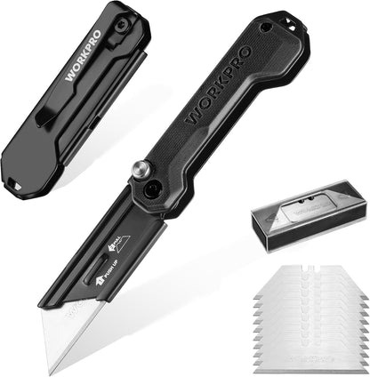 2PCS EDC Folding Utility Knife, Mini Box Cutter with Quick Open Axis Lock, Quick Change Blade Razor Knife, Foldable Small Pocket Knife with Belt Clip, 2 Packs with 10 Extra Blades