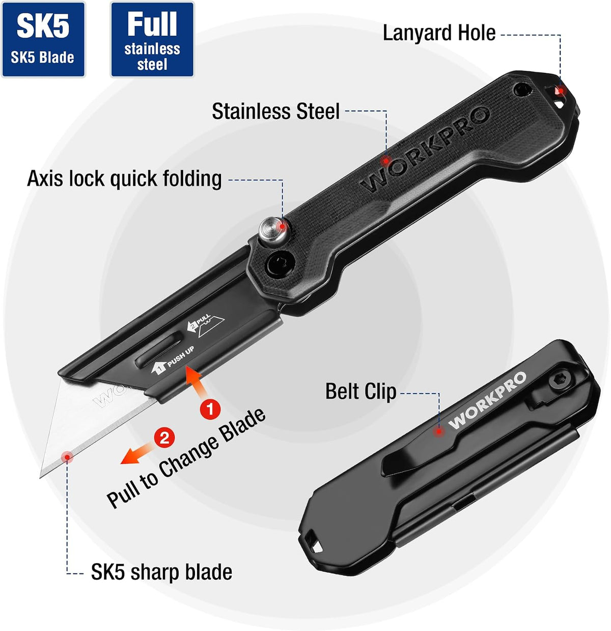 2PCS EDC Folding Utility Knife, Mini Box Cutter with Quick Open Axis Lock, Quick Change Blade Razor Knife, Foldable Small Pocket Knife with Belt Clip, 2 Packs with 10 Extra Blades