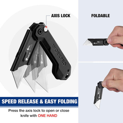 2PCS EDC Folding Utility Knife, Mini Box Cutter with Quick Open Axis Lock, Quick Change Blade Razor Knife, Foldable Small Pocket Knife with Belt Clip, 2 Packs with 10 Extra Blades