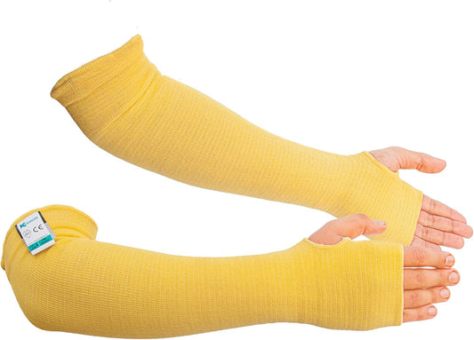Protective Arm Sleeves with Thumbhole, Cut/Scratch/Heat Resistant Arm sleeves with UV Protectors Abrasion Safety for Garden Kitchen Work – Yellow-18Inches Made with Kevlar by DuPont