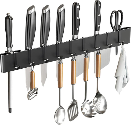 Knife Holder for Wall Mount-Knife Strips with Hooks Stainless Steel Wall Knife Rack-Knife Block-Knife Rack-Utensil Hanger-Kitchen Utensil Holder (Black, 50 CM+9 Hooks)