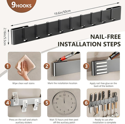 Knife Holder for Wall Mount-Knife Strips with Hooks Stainless Steel Wall Knife Rack-Knife Block-Knife Rack-Utensil Hanger-Kitchen Utensil Holder (Black, 50 CM+9 Hooks)