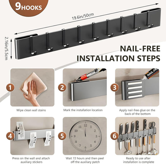 Knife Holder for Wall Mount-Knife Strips with Hooks Stainless Steel Wall Knife Rack-Knife Block-Knife Rack-Utensil Hanger-Kitchen Utensil Holder (Black, 50 CM+9 Hooks)