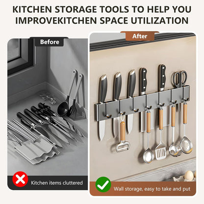 Knife Holder for Wall Mount-Knife Strips with Hooks Stainless Steel Wall Knife Rack-Knife Block-Knife Rack-Utensil Hanger-Kitchen Utensil Holder (Black, 50 CM+9 Hooks)