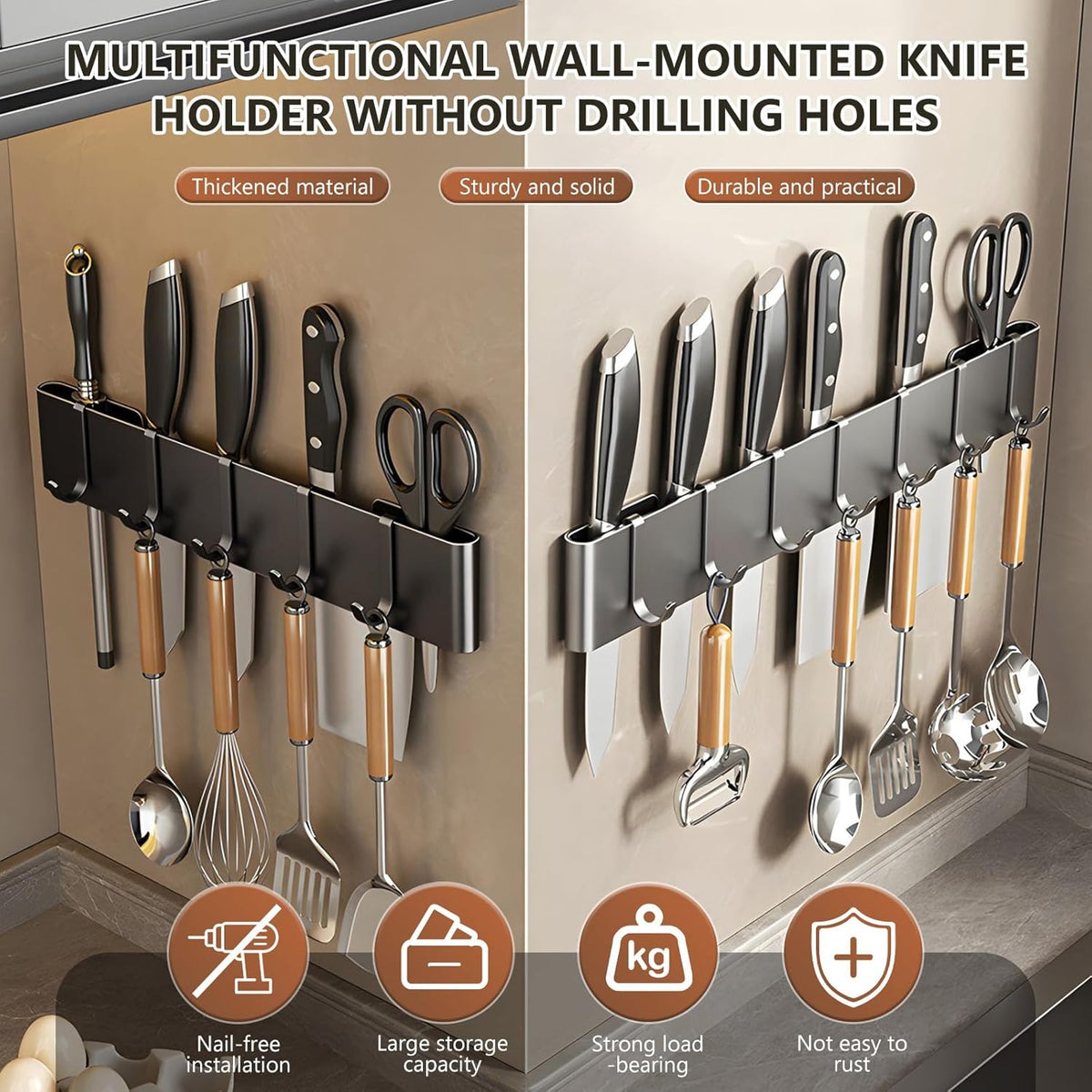 Knife Holder for Wall Mount-Knife Strips with Hooks Stainless Steel Wall Knife Rack-Knife Block-Knife Rack-Utensil Hanger-Kitchen Utensil Holder (Black, 50 CM+9 Hooks)