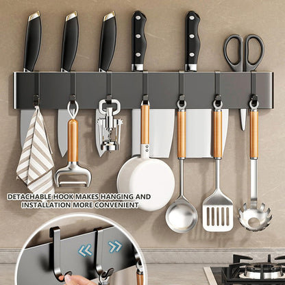 Knife Holder for Wall Mount-Knife Strips with Hooks Stainless Steel Wall Knife Rack-Knife Block-Knife Rack-Utensil Hanger-Kitchen Utensil Holder (Black, 50 CM+9 Hooks)