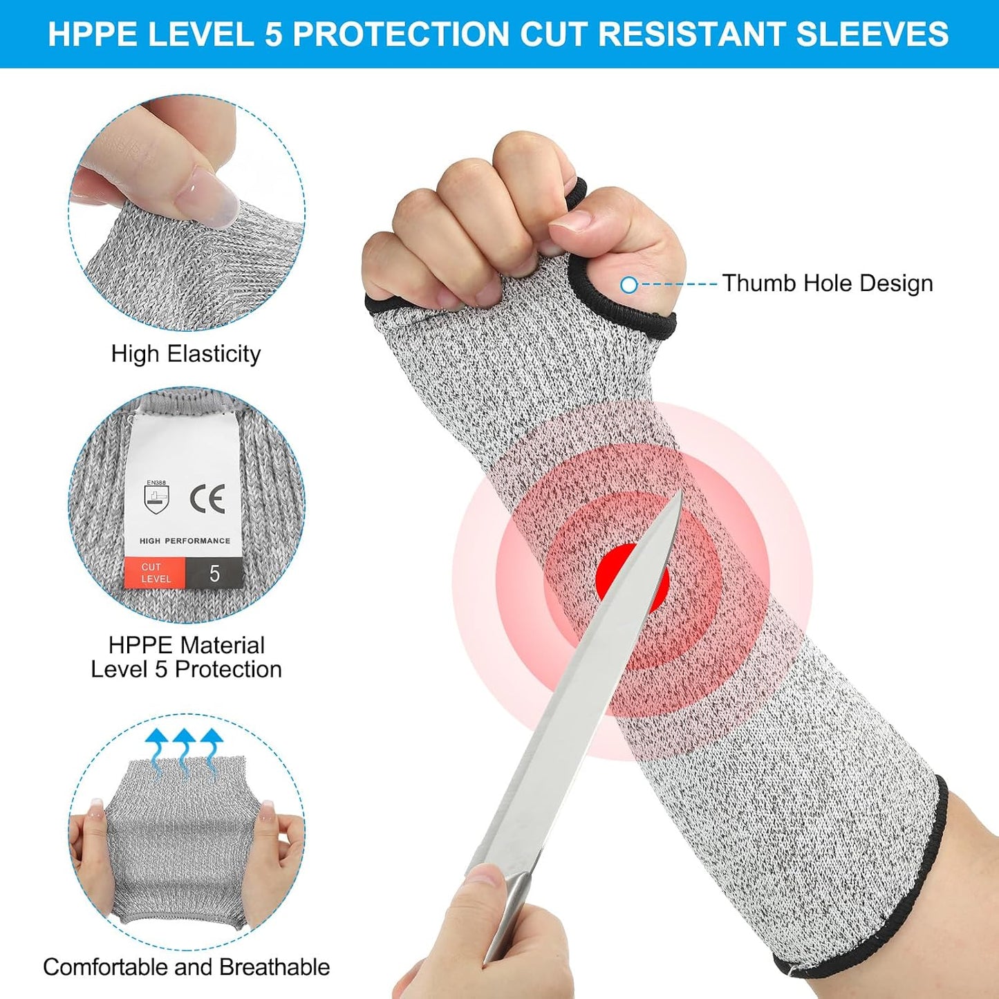 Cut Resistant Sleeve, Arm Safety Protectors Sleeves with Thumb Hole Forearm Guard Sleeves