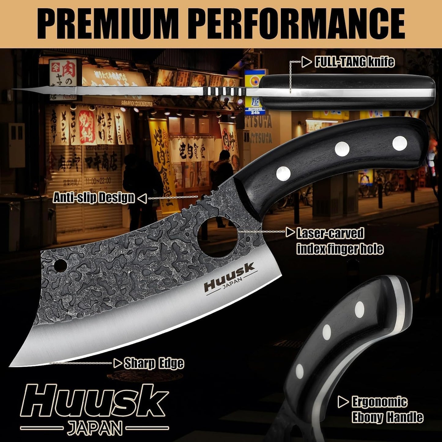 Huusk Butcher Knife for Meat Cutting - Heavy Duty with Sheath | Meat Cleaver, Hand Forged Blade, Full Tang handle, Gift Box, for Kitchen or BBQ