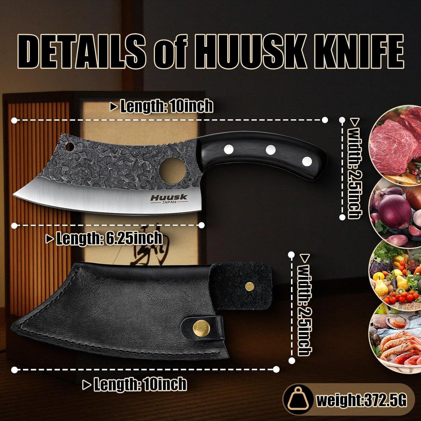 Huusk Butcher Knife for Meat Cutting - Heavy Duty with Sheath | Meat Cleaver, Hand Forged Blade, Full Tang handle, Gift Box, for Kitchen or BBQ