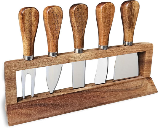 5-Piece Wood Cheese Knife Set with Wood Knife Block for Charcuterie Board,Charcuterie Boards Accessories Charcuterie Utensils Tools (DJ-2)