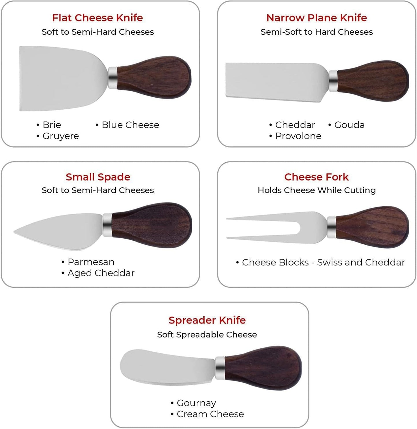 5-Piece Wood Cheese Knife Set with Wood Knife Block for Charcuterie Board,Charcuterie Boards Accessories Charcuterie Utensils Tools (DJ-2)