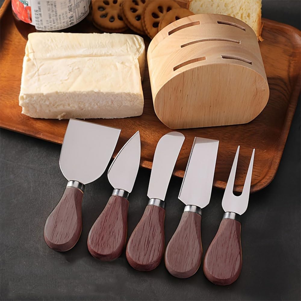 5-Piece Wood Cheese Knife Set with Wood Knife Block for Charcuterie Board,Charcuterie Boards Accessories Charcuterie Utensils Tools (DJ-2)