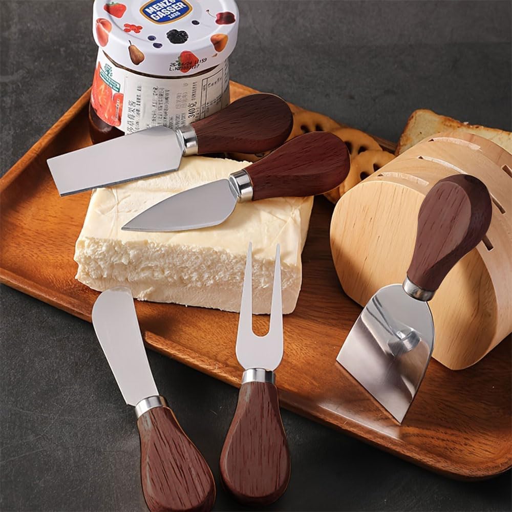 5-Piece Wood Cheese Knife Set with Wood Knife Block for Charcuterie Board,Charcuterie Boards Accessories Charcuterie Utensils Tools (DJ-2)