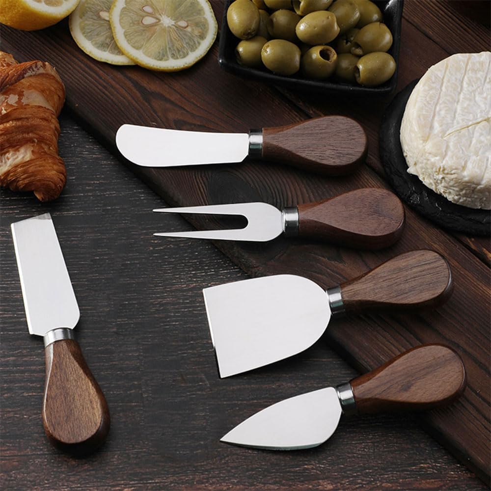 5-Piece Wood Cheese Knife Set with Wood Knife Block for Charcuterie Board,Charcuterie Boards Accessories Charcuterie Utensils Tools (DJ-2)