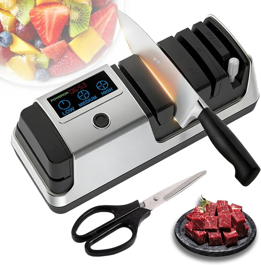 5-in-1 Electric Knife Sharpener for Kitchen Knives, Scissor Sharpener with 3-Speed & 100% Diamond Abrasives-Quickly Sharpening for Straight, Serrated, Meat Cleaver, Ceramic Knives & Kitchen Knives