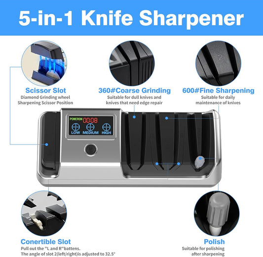 5-in-1 Electric Knife Sharpener for Kitchen Knives, Scissor Sharpener with 3-Speed & 100% Diamond Abrasives-Quickly Sharpening for Straight, Serrated, Meat Cleaver, Ceramic Knives & Kitchen Knives