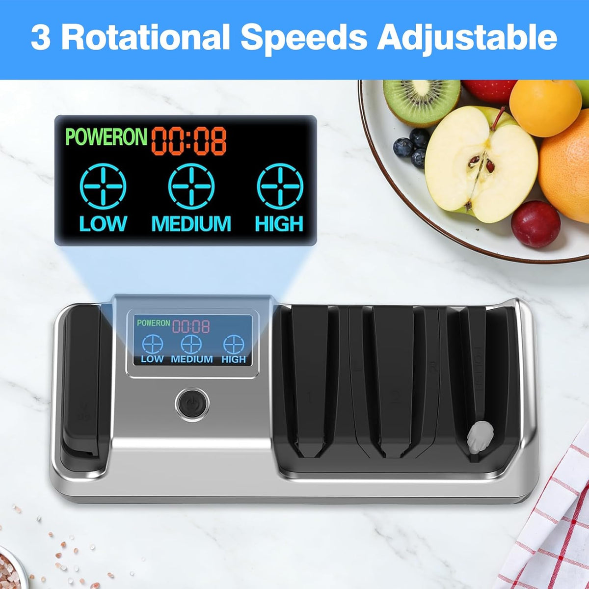 5-in-1 Electric Knife Sharpener for Kitchen Knives, Scissor Sharpener with 3-Speed & 100% Diamond Abrasives-Quickly Sharpening for Straight, Serrated, Meat Cleaver, Ceramic Knives & Kitchen Knives