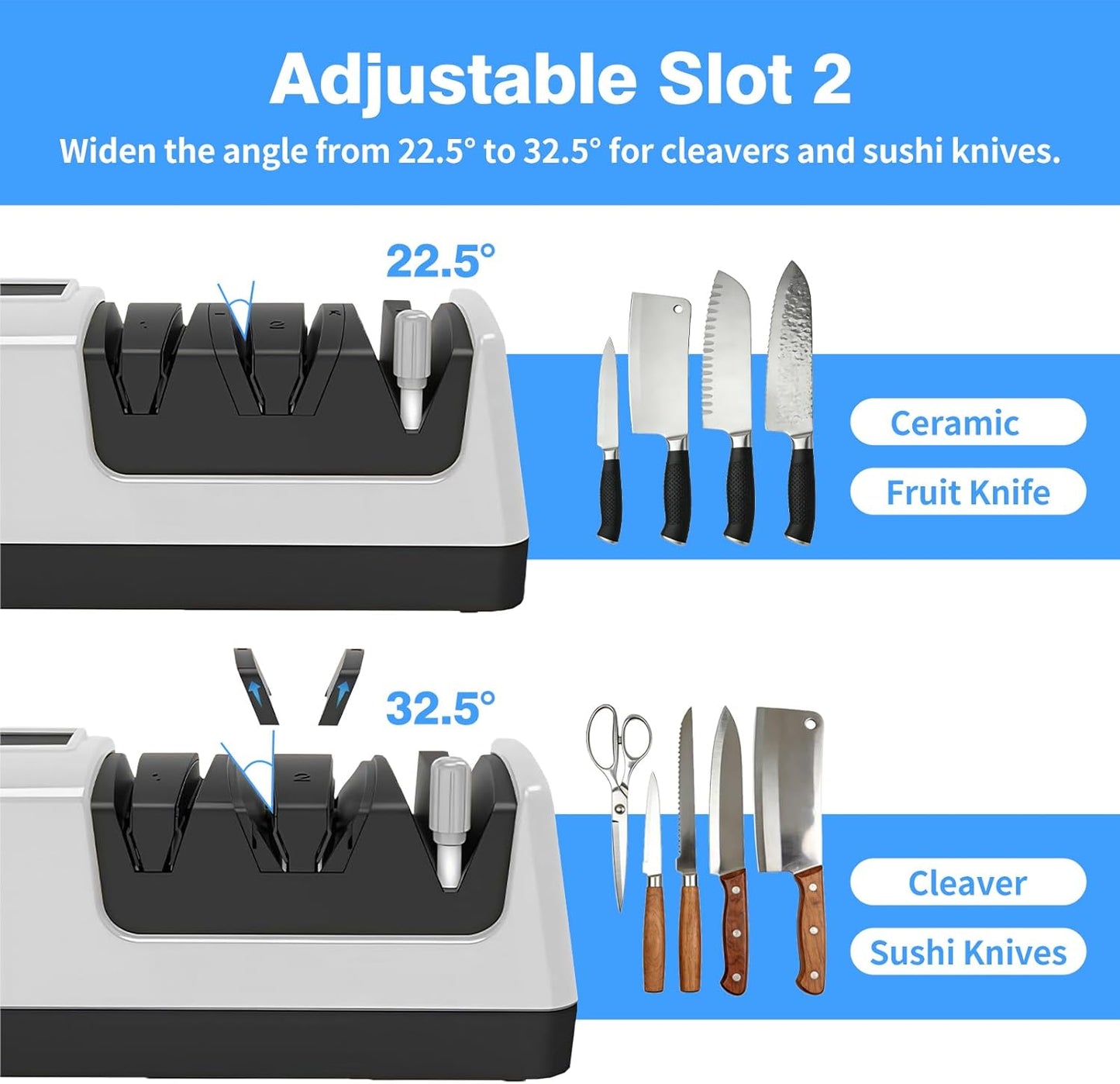 5-in-1 Electric Knife Sharpener for Kitchen Knives, Scissor Sharpener with 3-Speed & 100% Diamond Abrasives-Quickly Sharpening for Straight, Serrated, Meat Cleaver, Ceramic Knives & Kitchen Knives