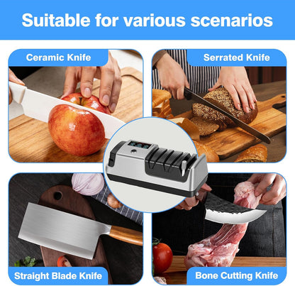 5-in-1 Electric Knife Sharpener for Kitchen Knives, Scissor Sharpener with 3-Speed & 100% Diamond Abrasives-Quickly Sharpening for Straight, Serrated, Meat Cleaver, Ceramic Knives & Kitchen Knives
