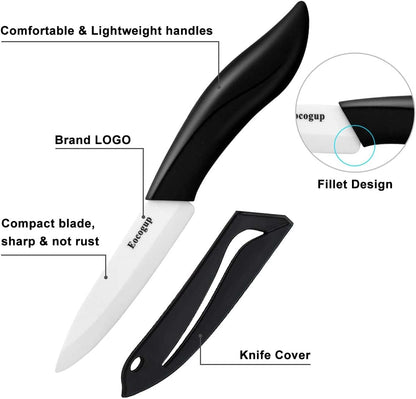 Ceramic Knife 4", Sharp Paring Knife with Large ABS Handle, Black | Ultra sharp ceramic paring knife for fruit & vegetable prep, durable food grade blade, comfortable large grip, easy to clean