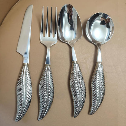 Personalized 4-Piece Ceramic Leaf Flatware Set - Knife, Fork, Deepened Soup & Dessert Spoons in Mirror-Polished 304 Stainless Steel, For Unique Daily Dining & Personalized Gifts, Hand Wash