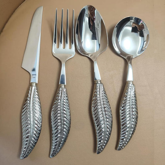 Personalized 4-Piece Ceramic Leaf Flatware Set - Knife, Fork, Deepened Soup & Dessert Spoons in Mirror-Polished 304 Stainless Steel, For Unique Daily Dining & Personalized Gifts, Hand Wash