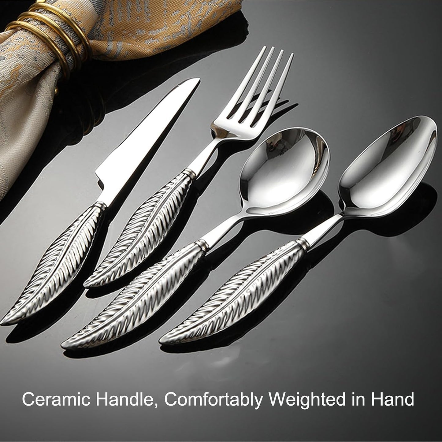 Personalized 4-Piece Ceramic Leaf Flatware Set - Knife, Fork, Deepened Soup & Dessert Spoons in Mirror-Polished 304 Stainless Steel, For Unique Daily Dining & Personalized Gifts, Hand Wash