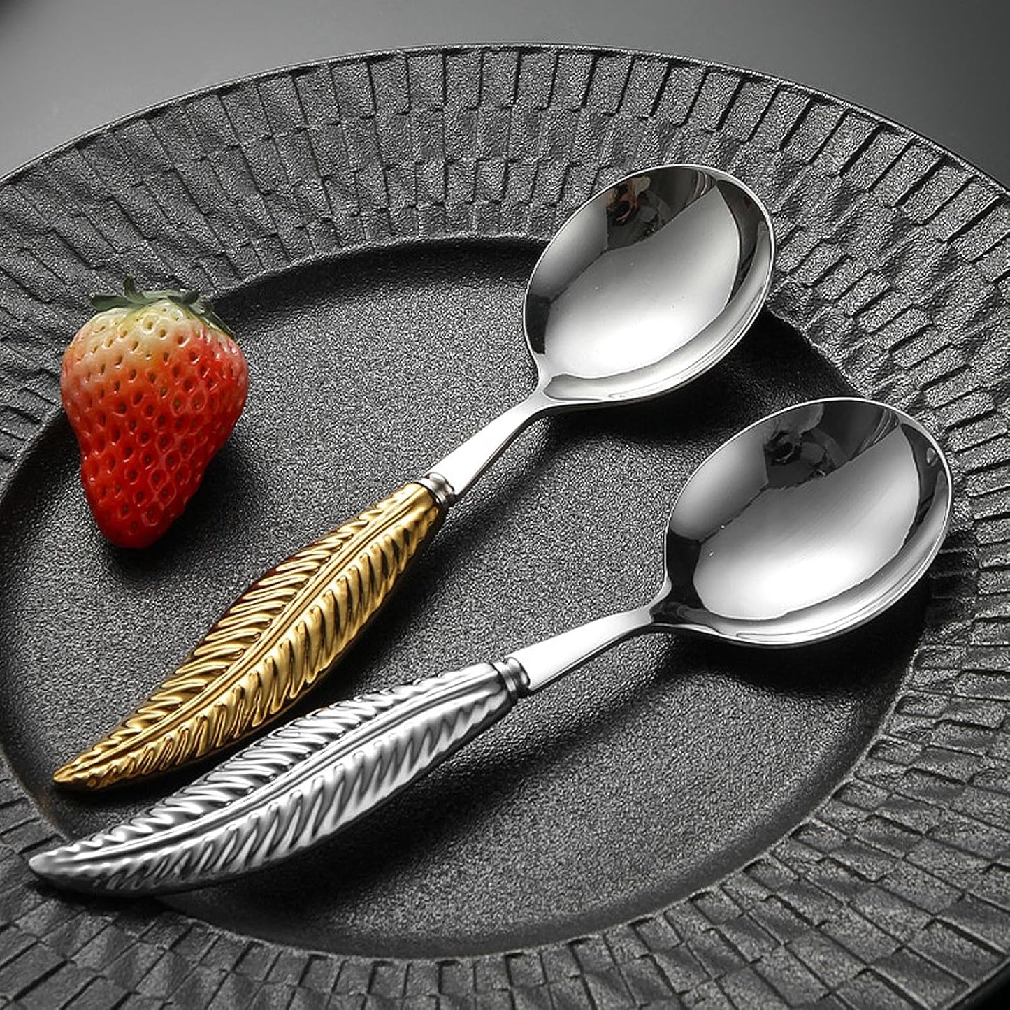 Personalized 4-Piece Ceramic Leaf Flatware Set - Knife, Fork, Deepened Soup & Dessert Spoons in Mirror-Polished 304 Stainless Steel, For Unique Daily Dining & Personalized Gifts, Hand Wash