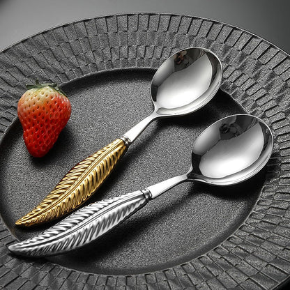 Personalized 4-Piece Ceramic Leaf Flatware Set - Knife, Fork, Deepened Soup & Dessert Spoons in Mirror-Polished 304 Stainless Steel, For Unique Daily Dining & Personalized Gifts, Hand Wash