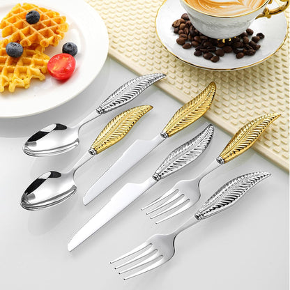 Personalized 4-Piece Ceramic Leaf Flatware Set - Knife, Fork, Deepened Soup & Dessert Spoons in Mirror-Polished 304 Stainless Steel, For Unique Daily Dining & Personalized Gifts, Hand Wash