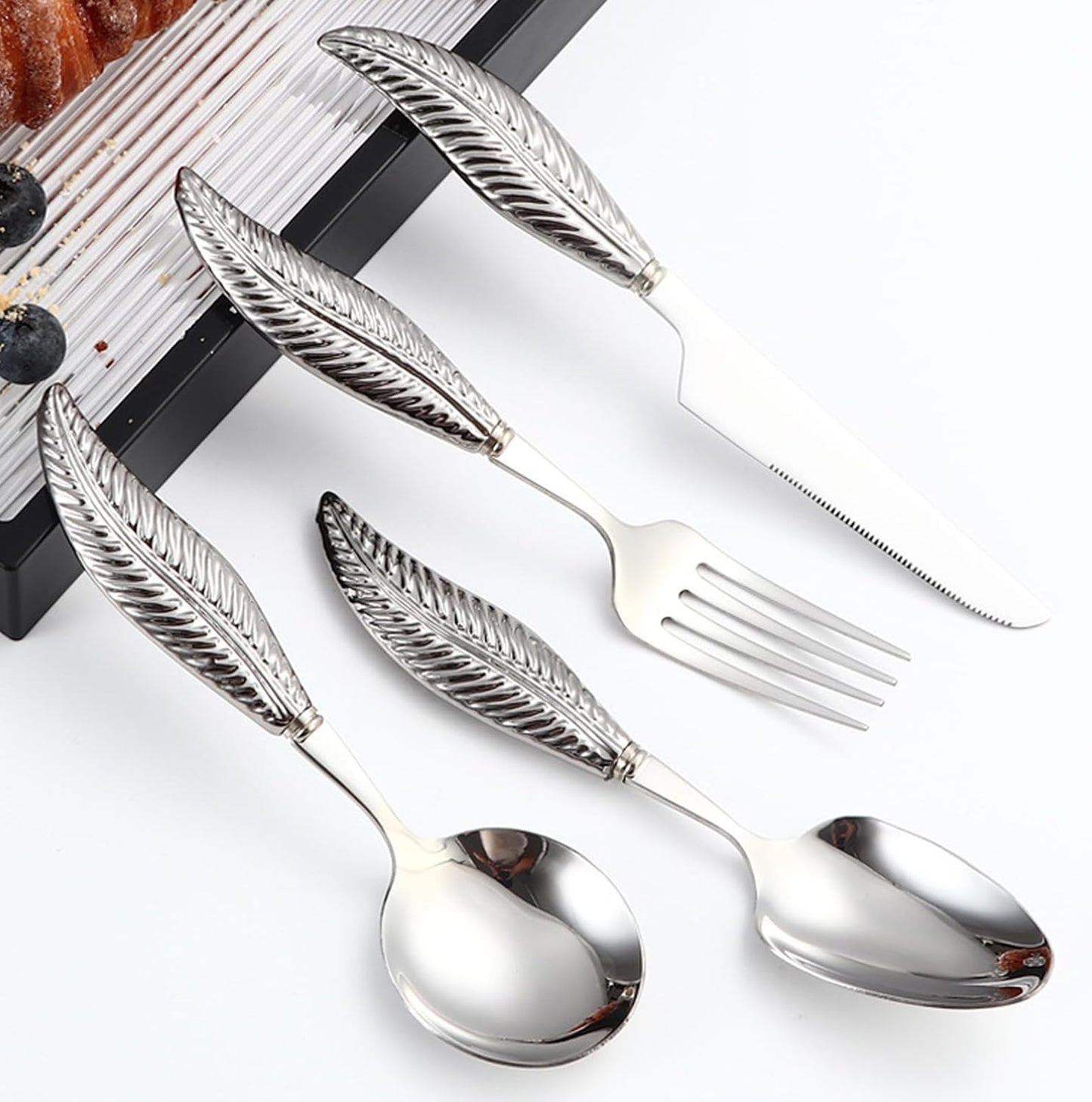 Personalized 4-Piece Ceramic Leaf Flatware Set - Knife, Fork, Deepened Soup & Dessert Spoons in Mirror-Polished 304 Stainless Steel, For Unique Daily Dining & Personalized Gifts, Hand Wash