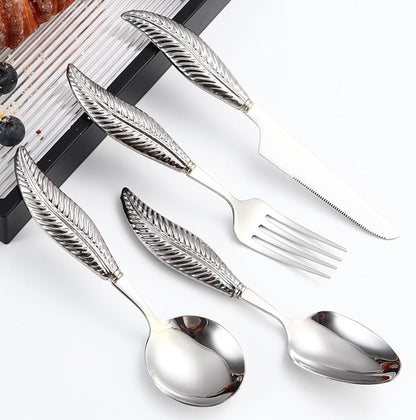 Personalized 4-Piece Ceramic Leaf Flatware Set - Knife, Fork, Deepened Soup & Dessert Spoons in Mirror-Polished 304 Stainless Steel, For Unique Daily Dining & Personalized Gifts, Hand Wash