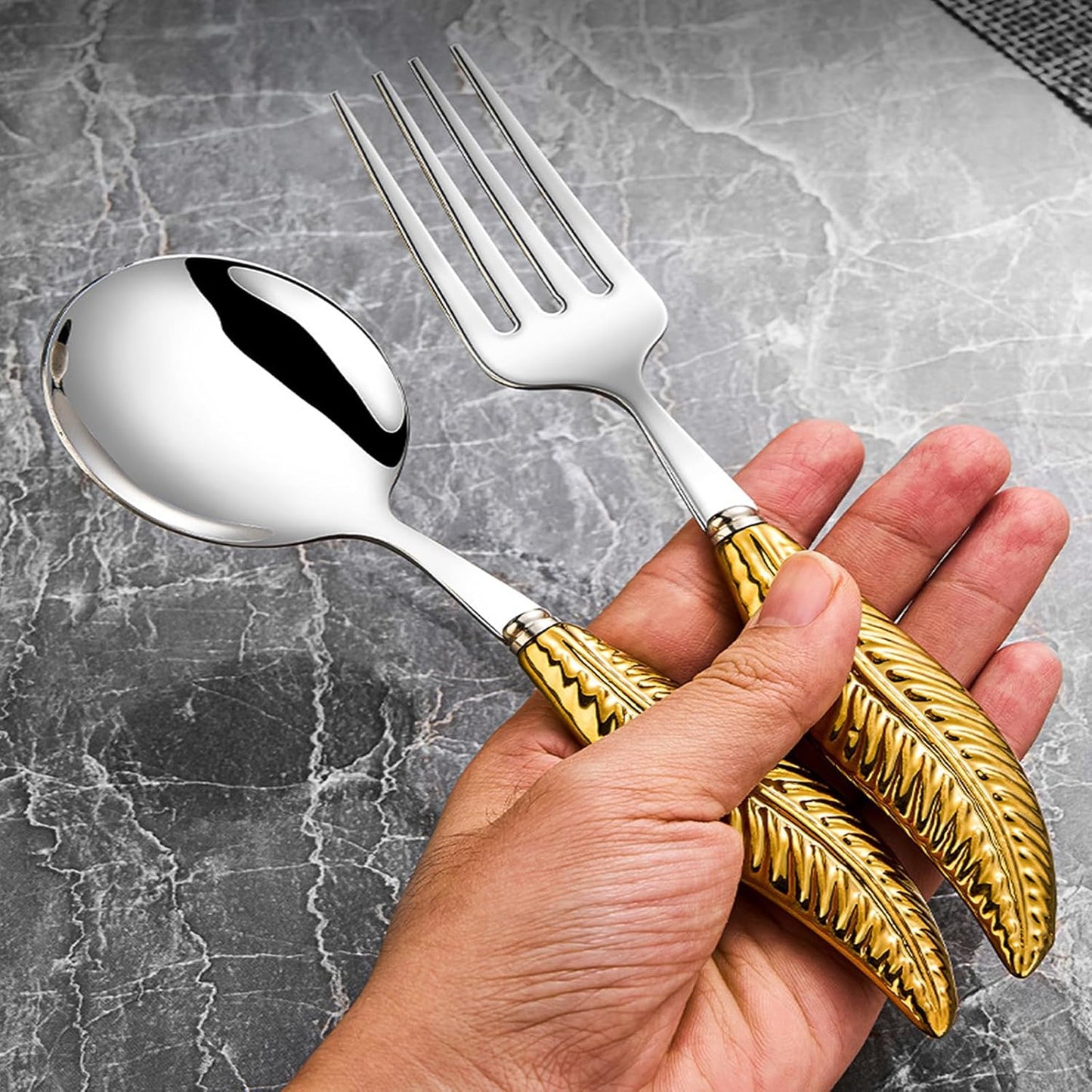 Personalized 4-Piece Ceramic Leaf Flatware Set - Knife, Fork, Deepened Soup & Dessert Spoons in Mirror-Polished 304 Stainless Steel, For Unique Daily Dining & Personalized Gifts, Hand Wash