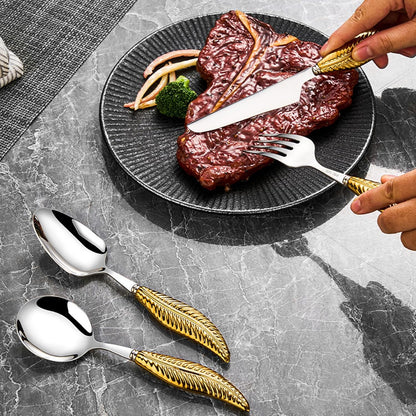 Personalized 4-Piece Ceramic Leaf Flatware Set - Knife, Fork, Deepened Soup & Dessert Spoons in Mirror-Polished 304 Stainless Steel, For Unique Daily Dining & Personalized Gifts, Hand Wash