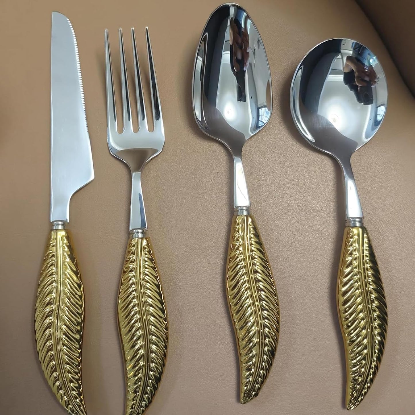 Personalized 4-Piece Ceramic Leaf Flatware Set - Knife, Fork, Deepened Soup & Dessert Spoons in Mirror-Polished 304 Stainless Steel, For Unique Daily Dining & Personalized Gifts, Hand Wash