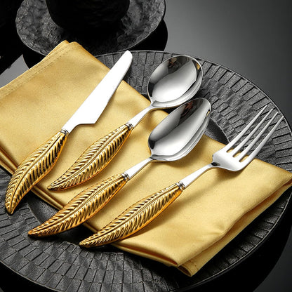 Personalized 4-Piece Ceramic Leaf Flatware Set - Knife, Fork, Deepened Soup & Dessert Spoons in Mirror-Polished 304 Stainless Steel, For Unique Daily Dining & Personalized Gifts, Hand Wash