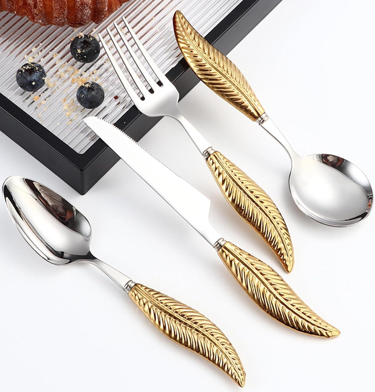 Personalized 4-Piece Ceramic Leaf Flatware Set - Knife, Fork, Deepened Soup & Dessert Spoons in Mirror-Polished 304 Stainless Steel, For Unique Daily Dining & Personalized Gifts, Hand Wash