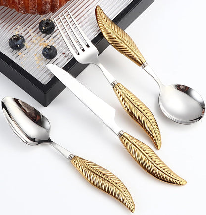 Personalized 4-Piece Ceramic Leaf Flatware Set - Knife, Fork, Deepened Soup & Dessert Spoons in Mirror-Polished 304 Stainless Steel, For Unique Daily Dining & Personalized Gifts, Hand Wash