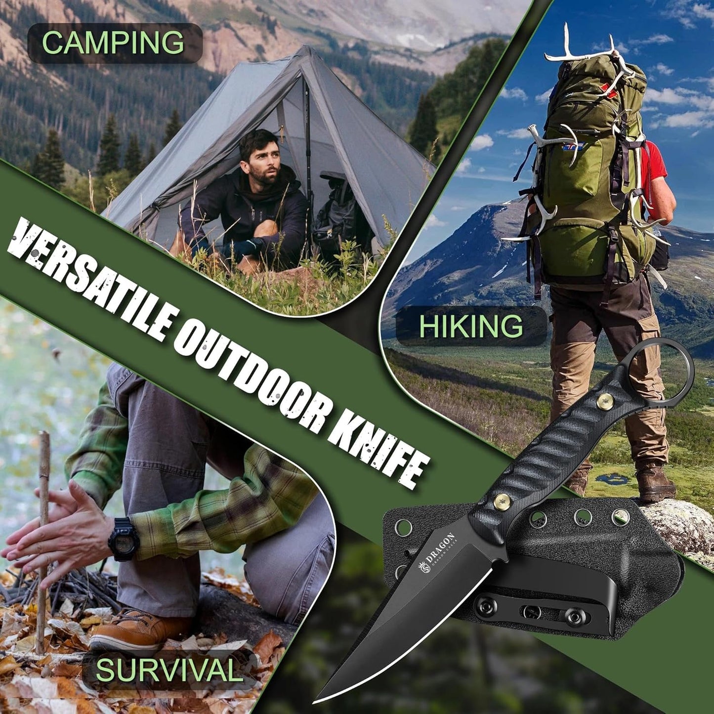 Fixed Blade Knife - Outdoor Survival Gift Men Black | Small Knife with Sheath for Camping Hiking