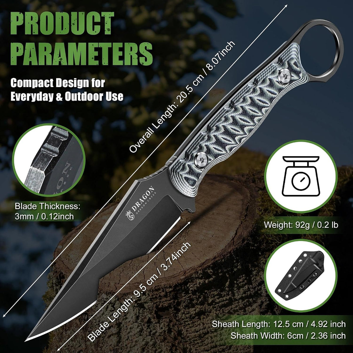 Fixed Blade Knife - Outdoor Survival Gift Men Black | Small Knife with Sheath for Camping Hiking