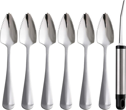 Grapefruit Spoons and Grapefruit Knife, Serrated Spoons Utensils Tool Set | Set of 7 Food Grade Stainless Steel Dessert Spoons Mirror Finish Fruit Knife, Suitable for Citrus Fruits Desserts Salads