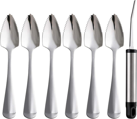 Grapefruit Spoons and Grapefruit Knife, Serrated Spoons Utensils Tool Set | Set of 7 Food Grade Stainless Steel Dessert Spoons Mirror Finish Fruit Knife, Suitable for Citrus Fruits Desserts Salads